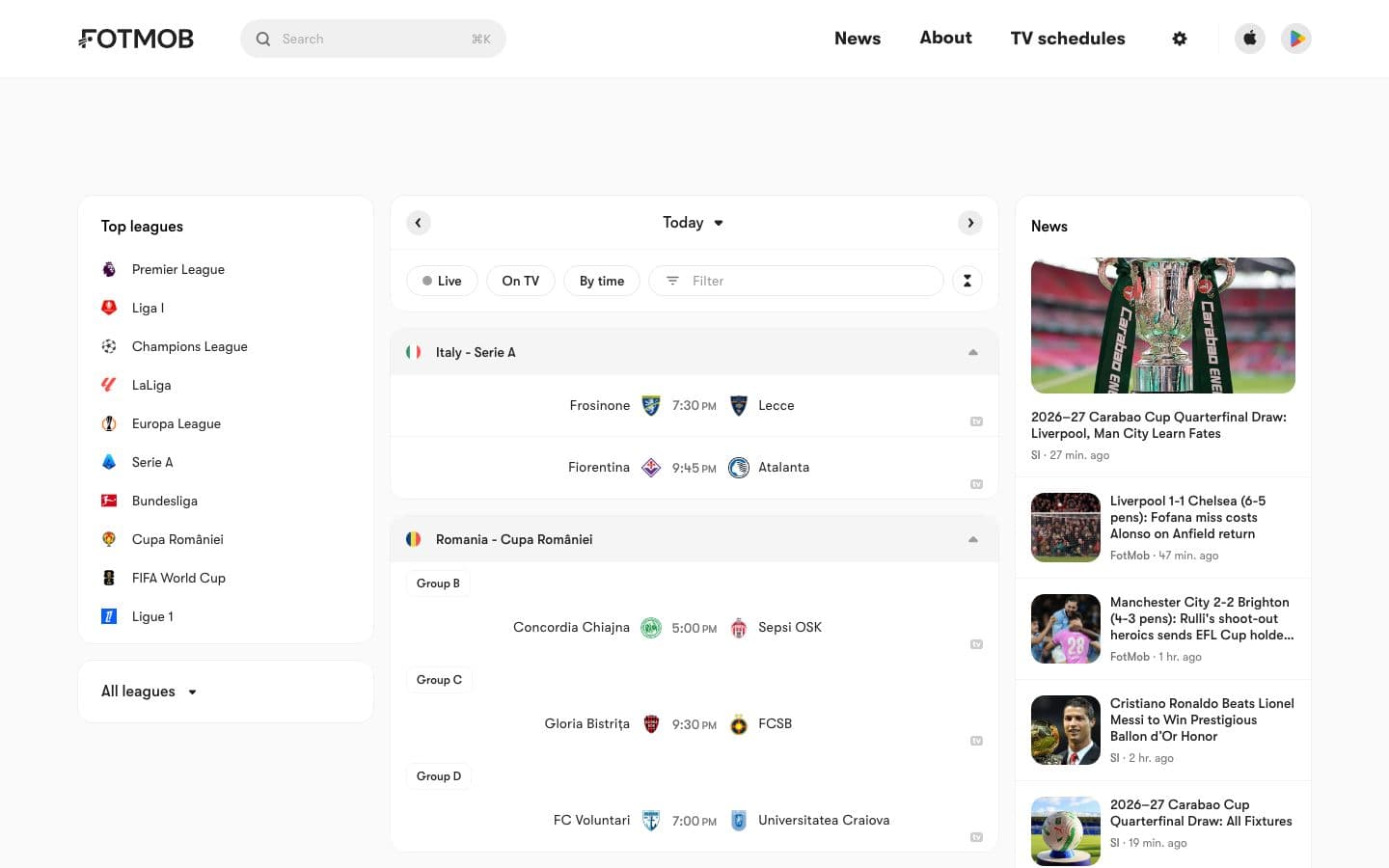 The FotMob homepage