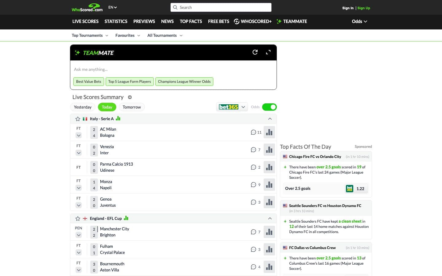 The WhoScored homepage