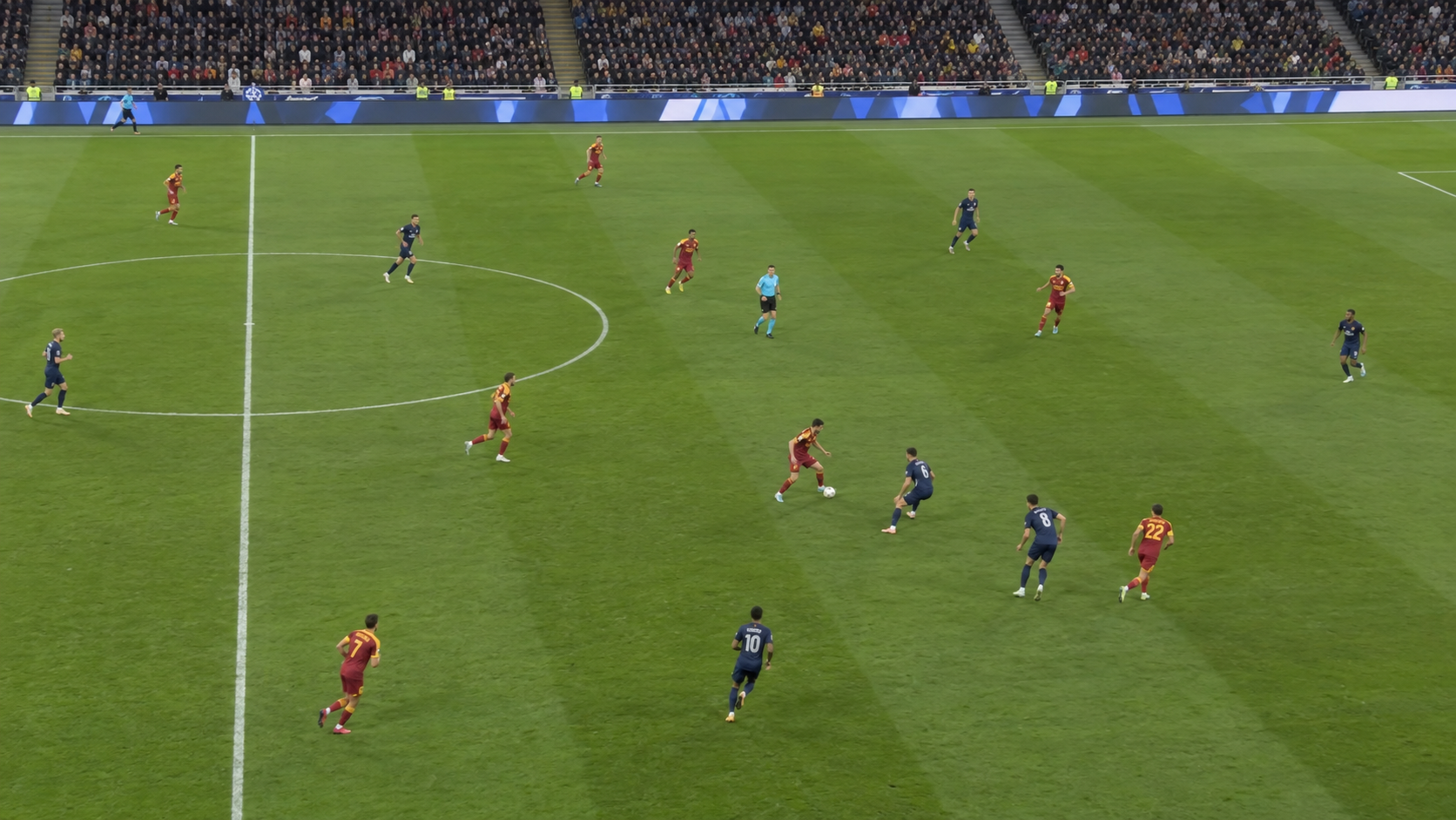 AI-generated broadcast-style football match: a midfielder intercepts a pass on a stadium pitch.